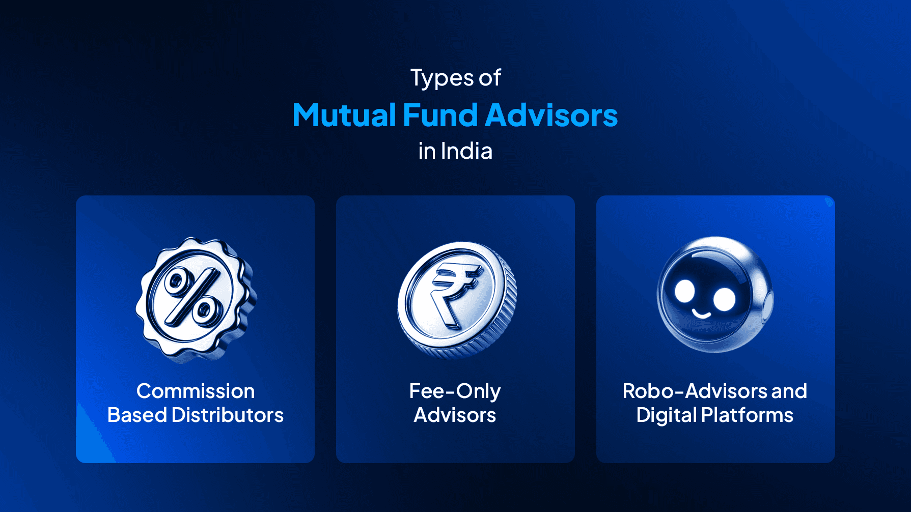 Types of mutual fund advisors in India including commission-based distributors, fee-only advisors, and robo platforms